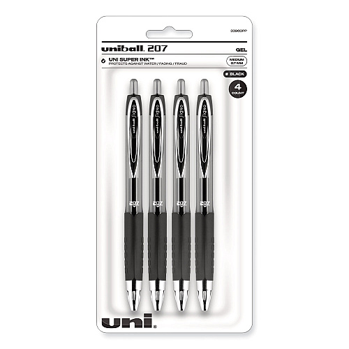 uni-ball Signo 207 Gel Pen, Retractable, Medium 0.7 mm, Black Ink, Smoke/Black Barrel, 4/Pack (33960PP)