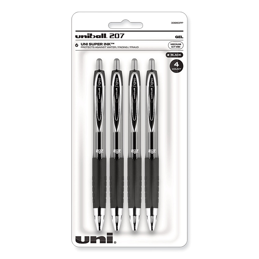 uni-ball Signo 207 Gel Pen, Retractable, Medium 0.7 mm, Black Ink, Smoke/Black Barrel, 4/Pack (33960PP)