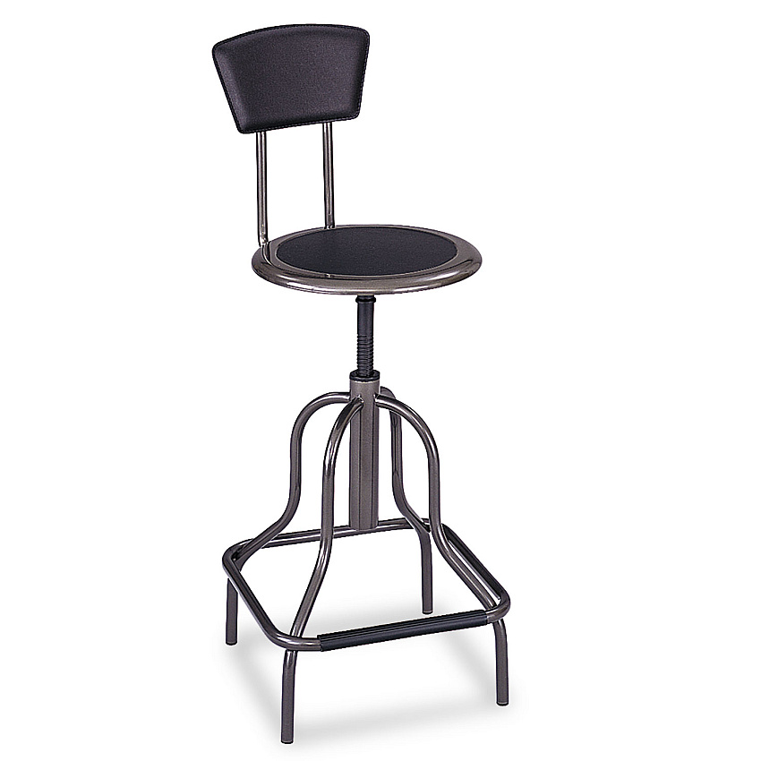 Safco Diesel Industrial Stool with Back, Supports Up to 250 lb, 22" to 27" Seat Height, Black Seat/Back, Pewter Base (6664)
