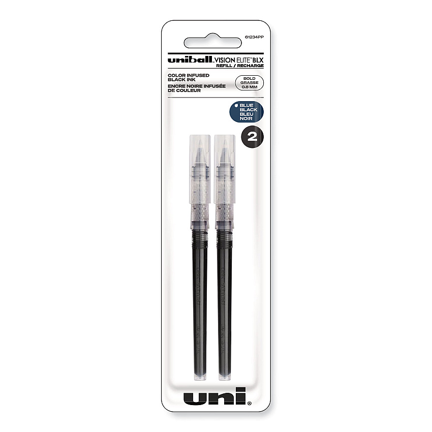 uni-ball Refill for Vision Elite Roller Ball Pens, Bold Conical Tip, Assorted Ink Colors, 2/Pack (61234PP)