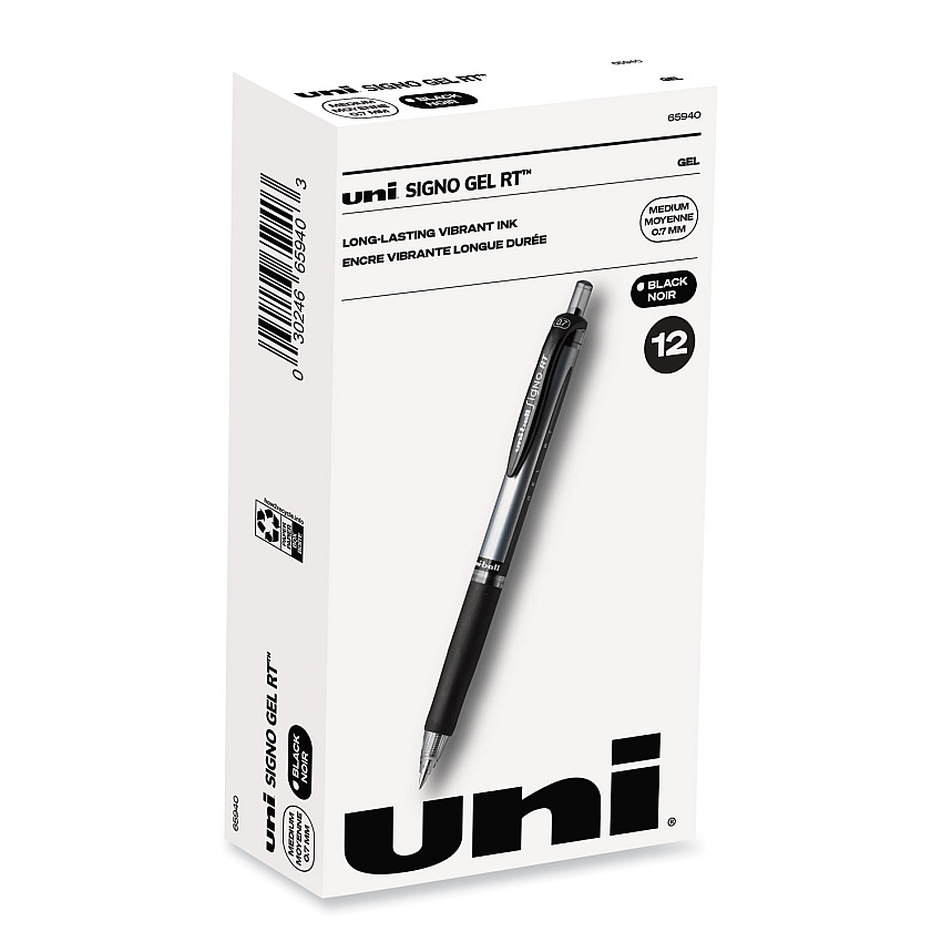 uni-ball Signo Gel Pen, Retractable, Medium 0.7 mm, Black Ink, Silver/Black Barrel, Dozen (65940)