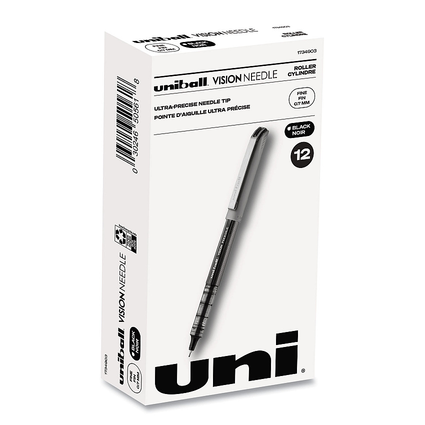 uni-ball VISION Needle Roller Ball Pen, Stick, Fine 0.7 mm, Black Ink, Gray/Clear/Black Barrel, Dozen (1734903)