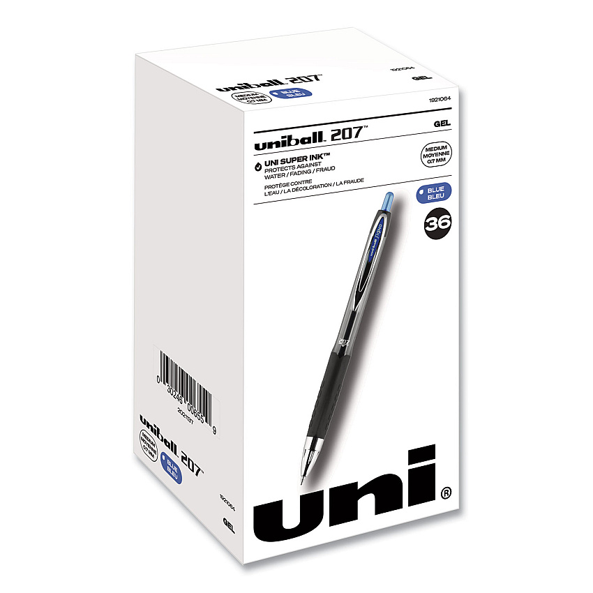 uni-ball Signo 207 Gel Pen, Retractable, Medium 0.7 mm, Blue Ink, Smoke/Black/Blue Barrel, 36/Box (1921064)