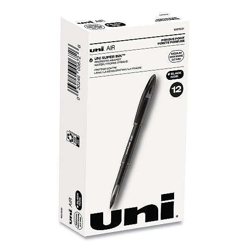 uni-ball AIR Porous Rollerball Pen, Medium 0.7 mm, Black Ink/Barrel, Dozen (1927631)