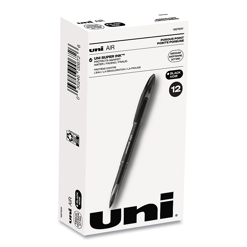 uni-ball AIR Porous Rollerball Pen, Medium 0.7 mm, Black Ink/Barrel, Dozen (1927631)