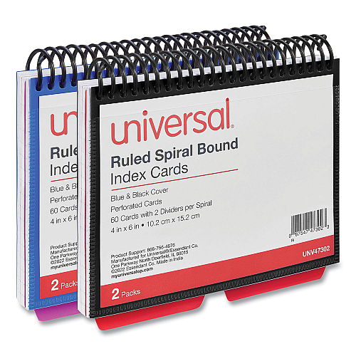 Universal Spiral Bound Index Cards, Ruled, 4 x 6, White, 120/Pack (UNV47302)