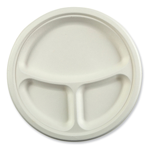 AmerCareRoyal Bagasse PFAS-Free Dinnerware, 3-Compartment Plate, 10.24" dia, White, 500/Carton (PL11NPFA)