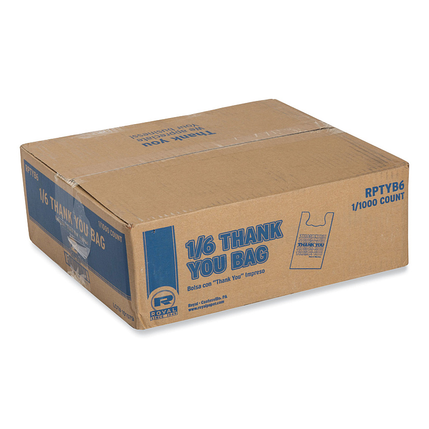 AmerCareRoyal Thank You Bags, Thank You - Have a Nice Day Labeling, Cut-Out Handles, 11.5" x 6.5" x 21", White/Red, 1,000/Carton (RPTYB6)