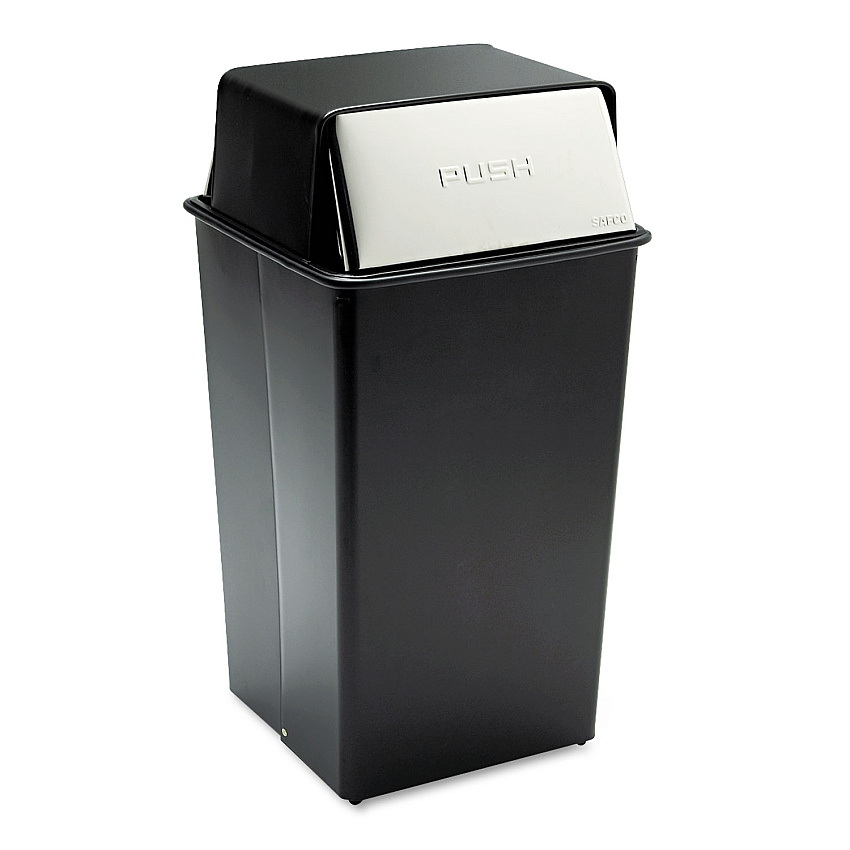 Safco Reflections  Push Top Square Receptacle, 36 gal, Steel, Black/Chrome (9895)