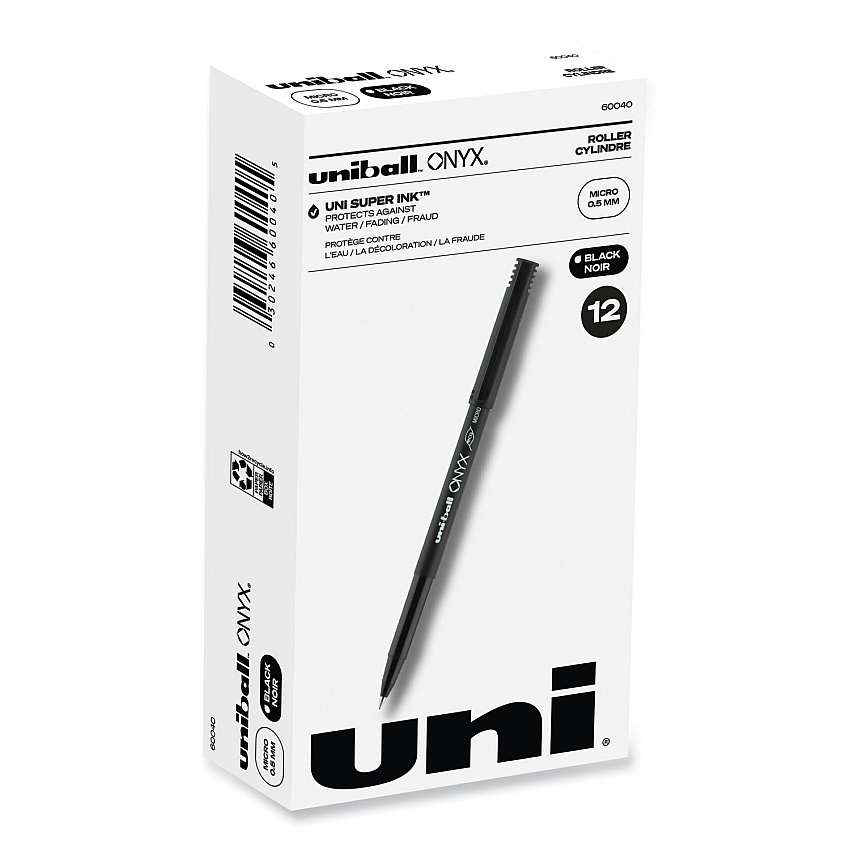 uni-ball ONYX Roller Ball Pen, Stick, Extra-Fine 0.5 mm, Black Ink, Black Barrel, Dozen (60040)