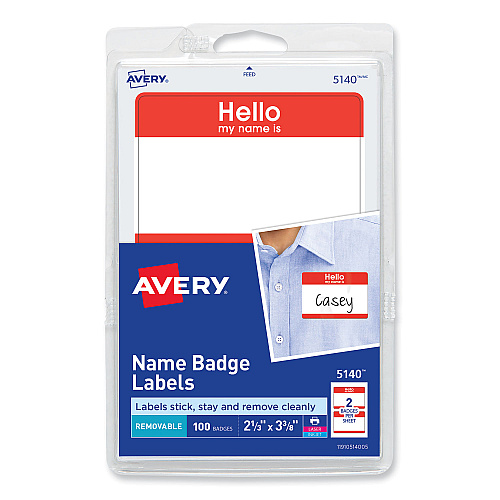 Avery Printable Self-Adhesive Name Badges, 2 1/3 x 3 3/8, Red "Hello", 100/Pack (5140)