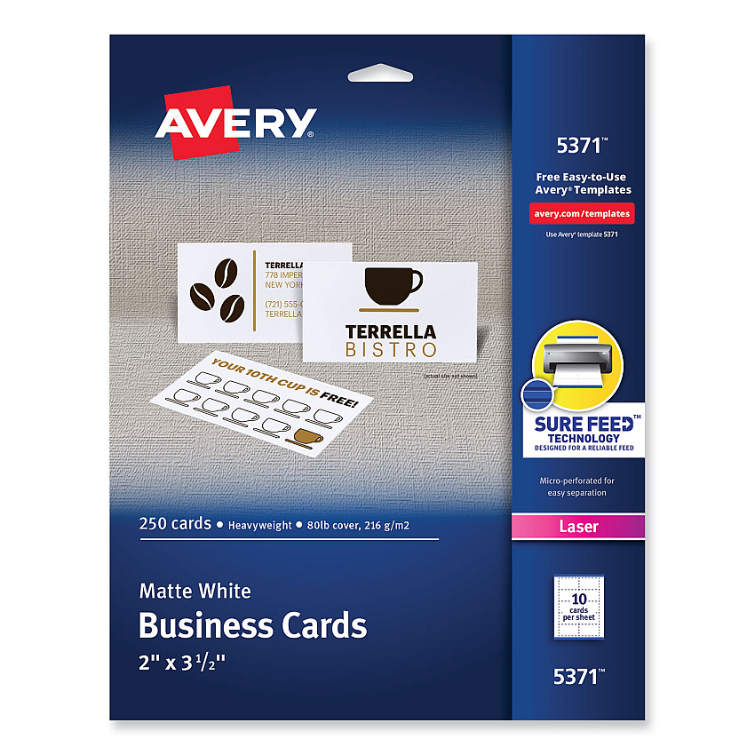 Avery Printable Microperforated Business Cards w/Sure Feed Technology, Laser, 2 x 3.5, White, 250 Cards, 10/Sheet, 25 Sheets/Pack (5371)