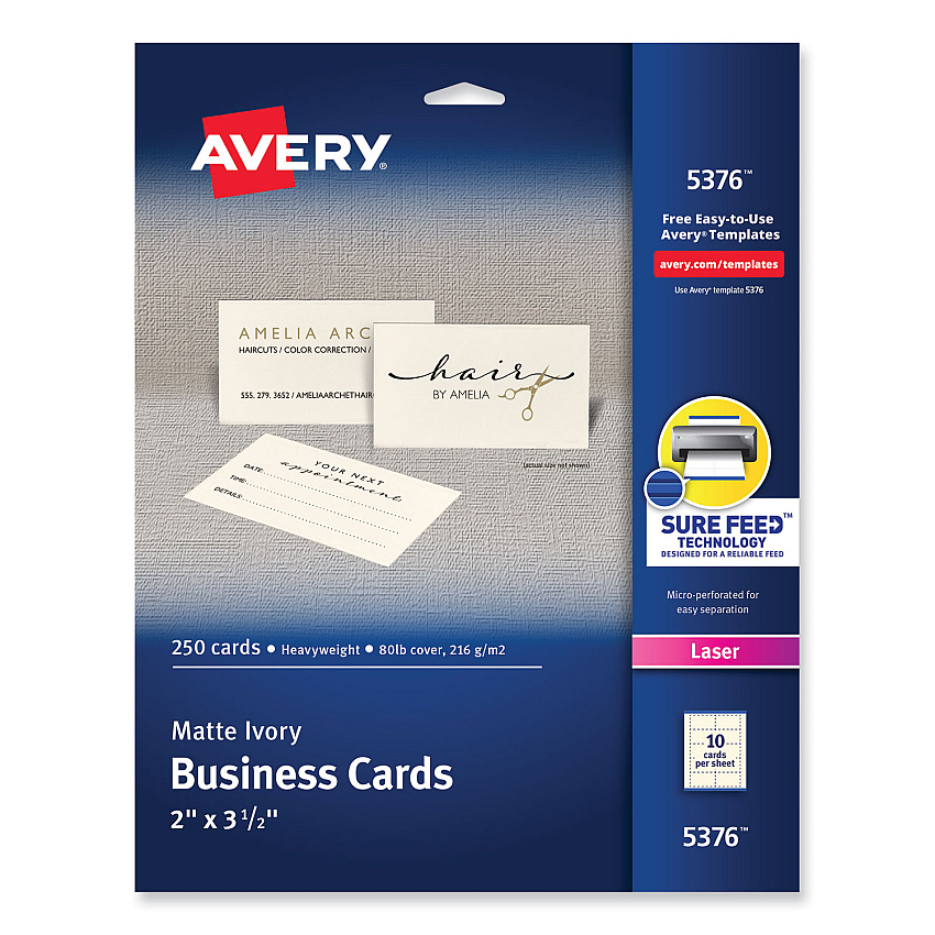 Avery Printable Microperforated Business Cards w/Sure Feed Technology, Laser, 2 x 3.5, Ivory, 250 Cards, 10/Sheet, 25 Sheets/Pack (5376)