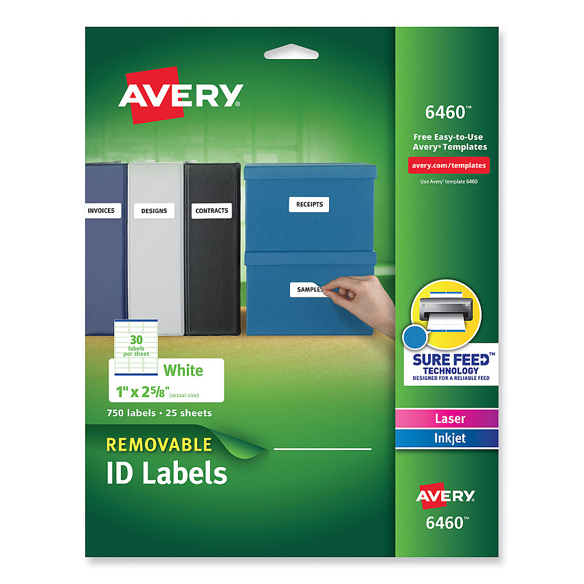 Avery Removable Multi-Use Labels, Inkjet/Laser Printers, 1 x 2.63, White, 30/Sheet, 25 Sheets/Pack (6460)