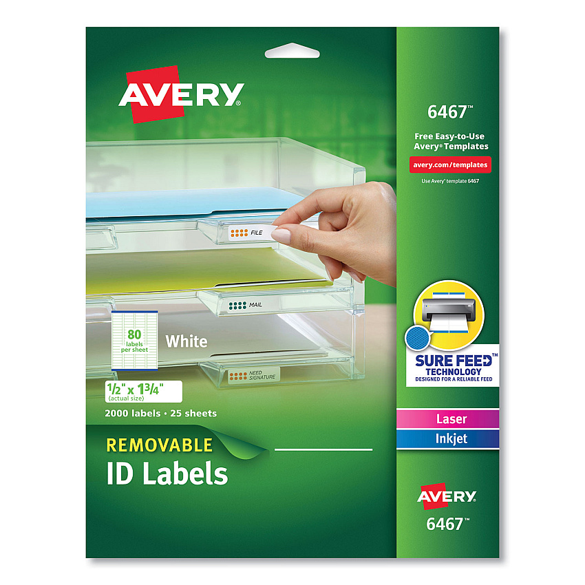 Avery Removable Multi-Use Labels, Inkjet/Laser Printers, 0.5 x 1.75, White, 80/Sheet, 25 Sheets/Pack (6467)