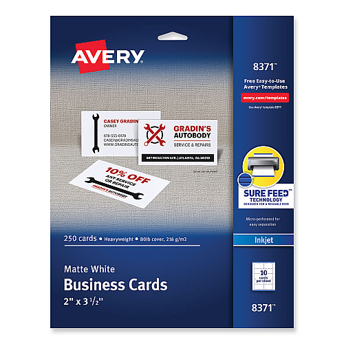 Avery Printable Microperforated Business Cards w/Sure Feed Technology, Inkjet, 2 x 3.5, White,  250 Cards, 10/Sheet, 25 Sheets/Pack (8371)