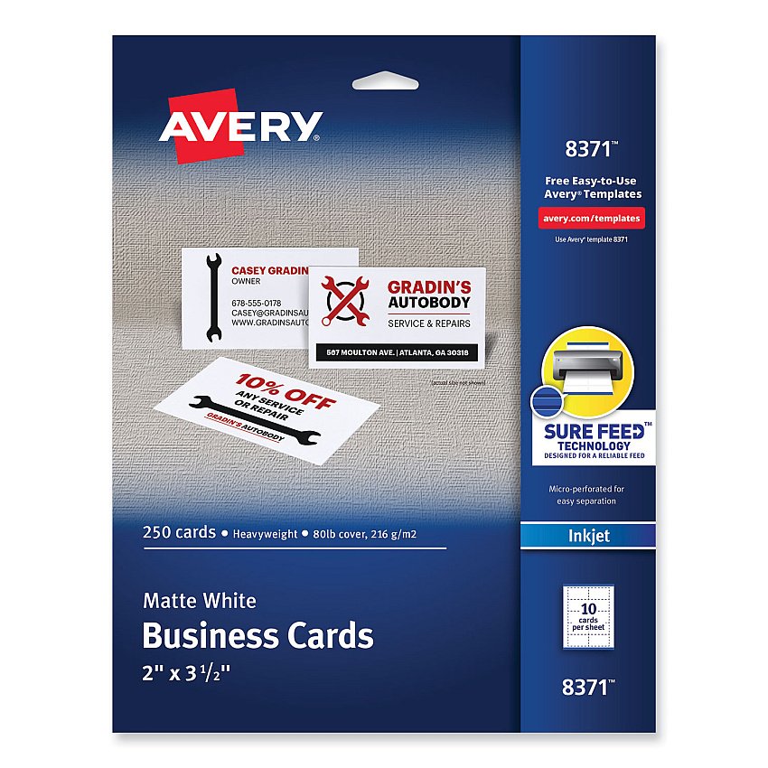 Avery Printable Microperforated Business Cards w/Sure Feed Technology, Inkjet, 2 x 3.5, White,  250 Cards, 10/Sheet, 25 Sheets/Pack (8371)