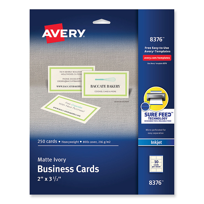 Avery Printable Microperforated Business Cards w/Sure Feed Technology, Inkjet, 2 x 3.5, Ivory, 250 Cards, 10/Sheet, 25 Sheets/Pack (8376)