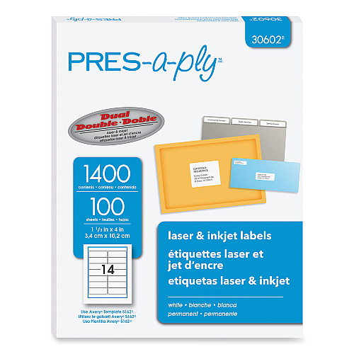 PRES-a-ply Labels, Laser Printers, 1.33 x 4, White, 14/Sheet, 100 Sheets/Box (30602)