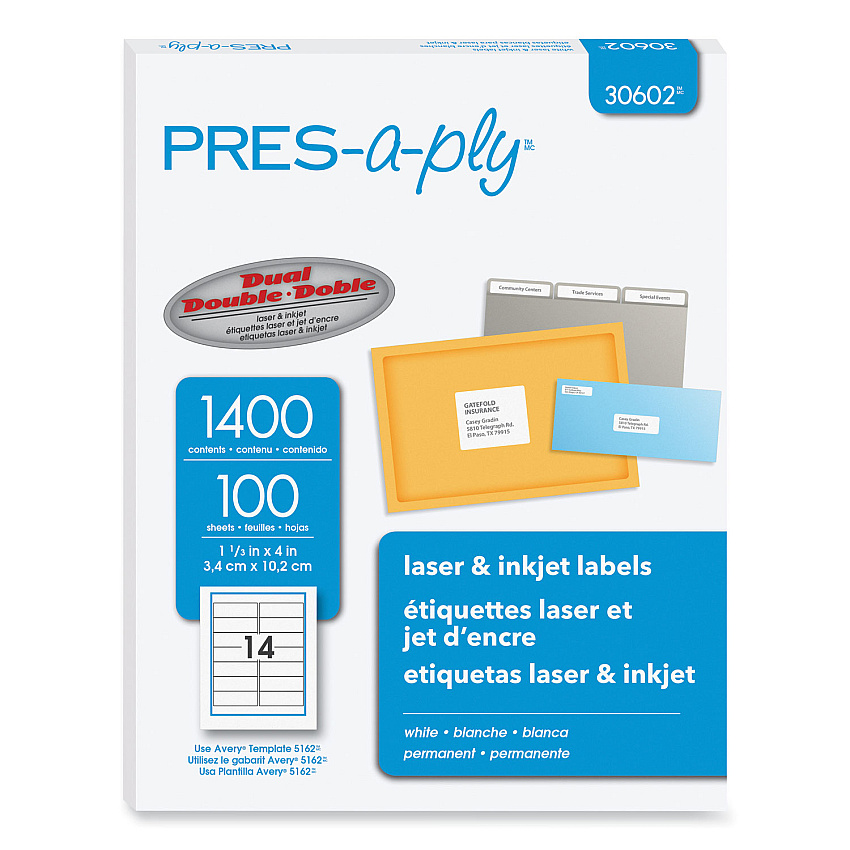 PRES-a-ply Labels, Laser Printers, 1.33 x 4, White, 14/Sheet, 100 Sheets/Box (30602)