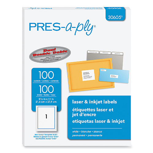 PRES-a-ply Labels, Laser Printers, 8.5 x 11, White, 100/Box (30605)
