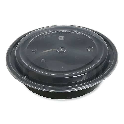 GEN Microwavable Food Container with Lid, Round, 24 oz, 7.28 x 7.28 x 1.96, Black/Clear, Plastic, 150/Carton (GENTORND24)