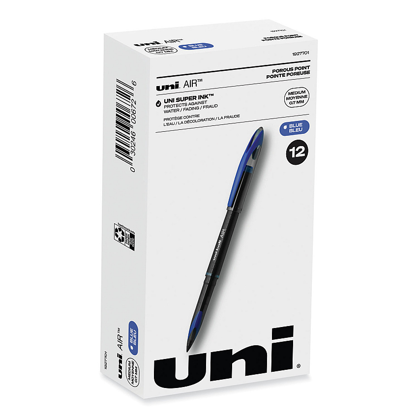 uni-ball AIR Porous Roller Ball Pen, Stick, Medium 0.7 mm, Blue Ink, Black/Blue Barrel, Dozen (1927701)