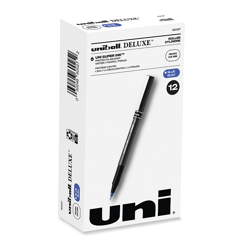 uni-ball Deluxe Roller Ball Pen, Stick, Extra-Fine 0.5 mm, Blue Ink, Metallic Gray/Black/Blue Barrel, Dozen (60027)