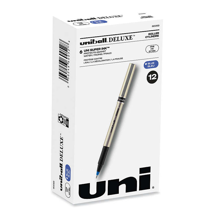 uni-ball Deluxe Roller Ball Pen, Stick, Fine 0.7 mm, Blue Ink, Champagne/Black/Blue Barrel, Dozen 0.7 mm Fine Pen Point - Blue Ink - Champagne Barrel - 1 Dozen (60053)
