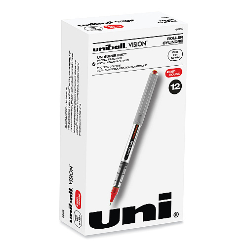 uni-ball VISION Roller Ball Pen, Stick, Fine 0.7 mm, Red Ink, Silver/Red/Clear Barrel, Dozen (60139)