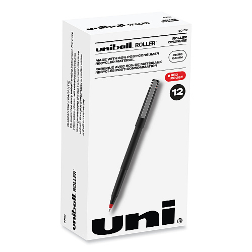 uni-ball Roller Ball Pen, Stick, Extra-Fine 0.5 mm, Red Ink, Black/Red Barrel, Dozen (60152)