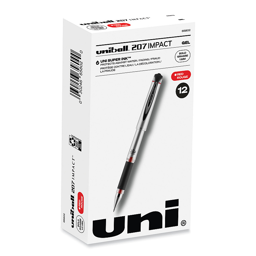uni-ball 207 Impact Gel Pen, Stick, Bold 1 mm, Red Ink, Silver/Black/Red Barrel (65802)