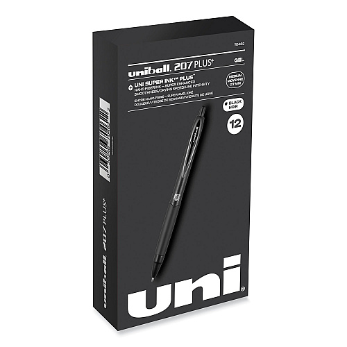 uni-ball 207 Plus+ Gel Pen, Retractable, Medium 0.7 mm, Black Ink, Black Barrel, Dozen (70462)