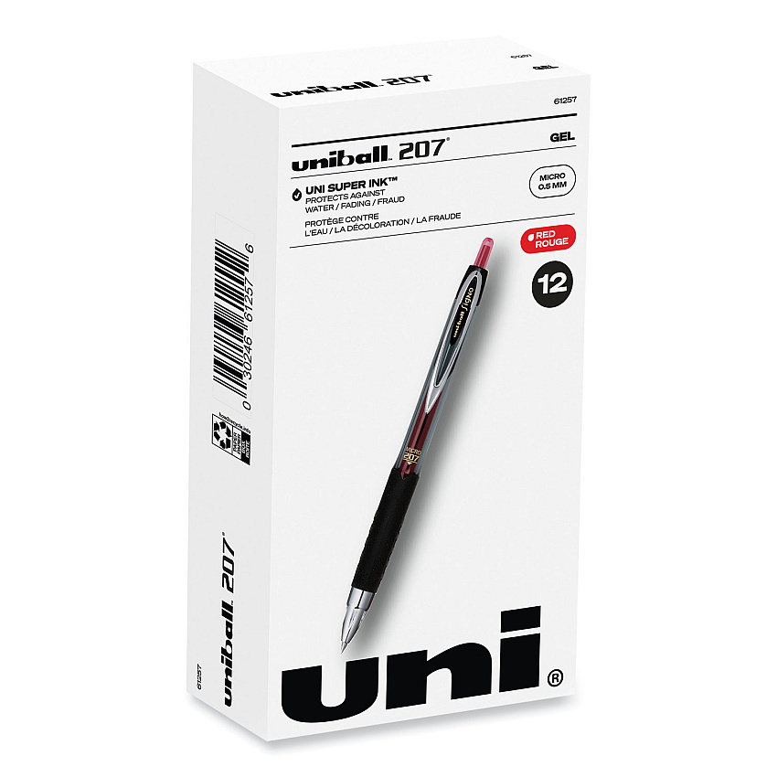 uni-ball Signo 207 Gel Pen, Retractable, Fine 0.5 mm, Red Ink, Smoke/Black/Red Barrel, Dozen (61257)