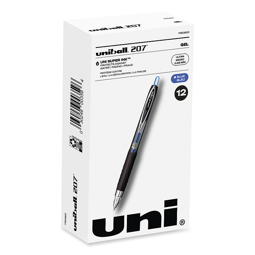 uni-ball 207 Signo Gel Ultra Micro Gel Pen, Retractable, Extra-Fine 0.38 mm, Blue Ink, Clear/Black Barrel (1790923)