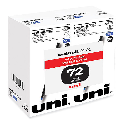 uni-ball ONYX Roller Ball Pen, Stick, Fine 0.7 mm, Blue Ink, Black/Blue Barrel, 72/Pack (2013568)