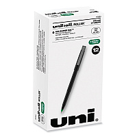 uni-ball Rollerball Pen, Stick, Fine 0.7 mm, Green Ink, Black/Green Barrel, Dozen (60104)