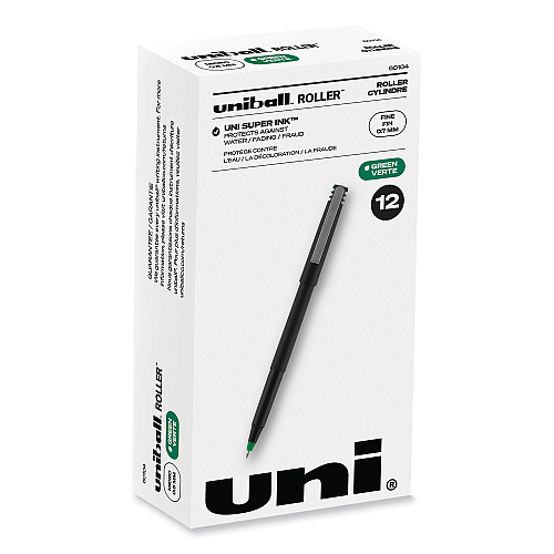 uni-ball Rollerball Pen, Stick, Fine 0.7 mm, Green Ink, Black/Green Barrel, Dozen (60104)