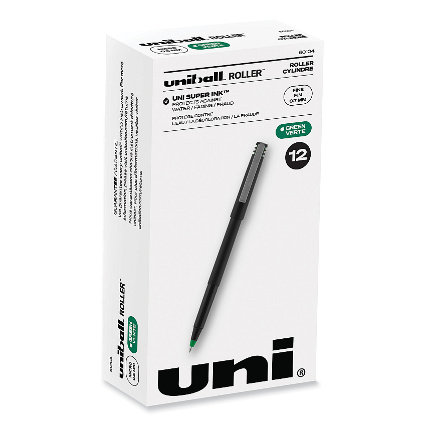 uni-ball Rollerball Pen, Stick, Fine 0.7 mm, Green Ink, Black/Green Barrel, Dozen (60104)