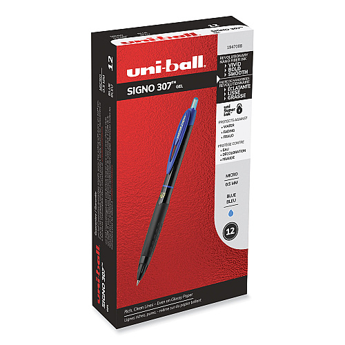 uni-ball 307 Gel Pen, Retractable, Fine 0.5 mm, Blue Ink, Black Barrel, Dozen (1947088)
