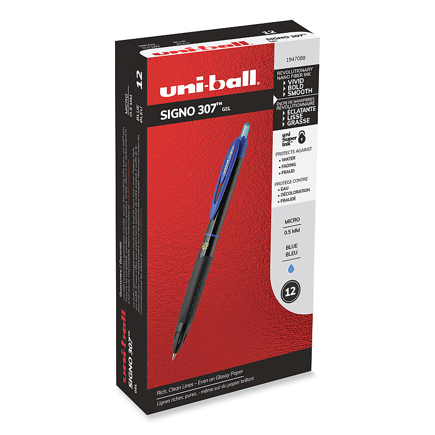 uni-ball 307 Gel Pen, Retractable, Fine 0.5 mm, Blue Ink, Black Barrel, Dozen (1947088)