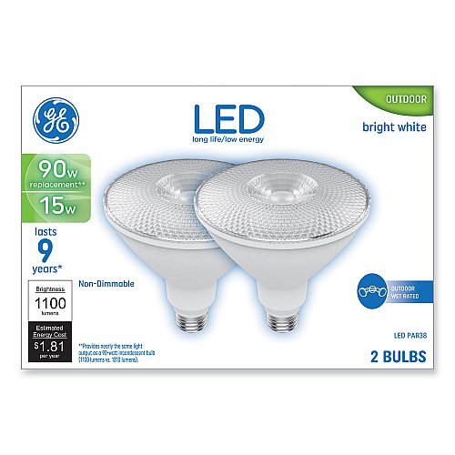 GE LED PAR38 Non-Dimmable Outdoor Flood Light Bulb, 15 W, Bright White, 2/Pack (93129298)