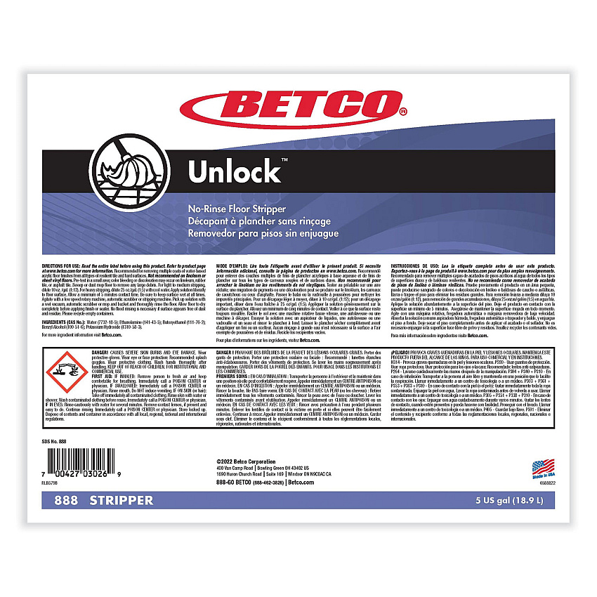 Betco Unlock Floor Stripper, 5 gal Pail (888B500)
