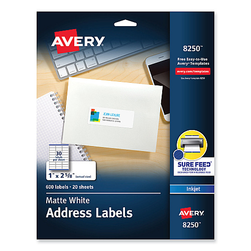 Avery Vibrant Inkjet Color-Print Labels w/ Sure Feed, 1 x 2.63, Matte White, 600/PK (8250)