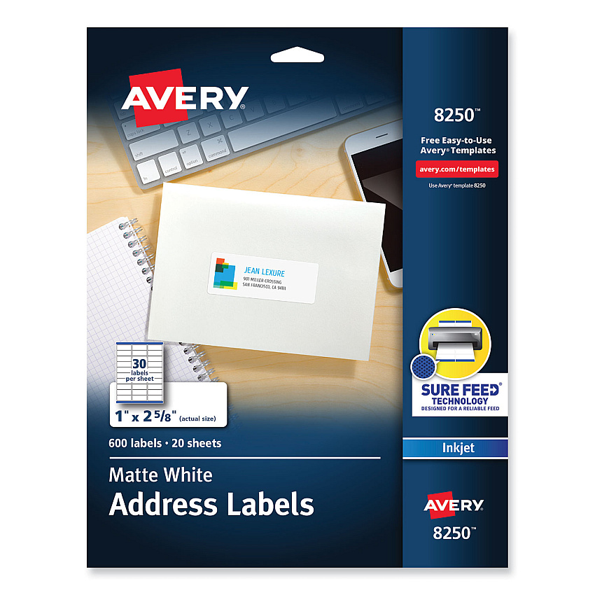 Avery Vibrant Inkjet Color-Print Labels w/ Sure Feed, 1 x 2.63, Matte White, 600/PK (8250)