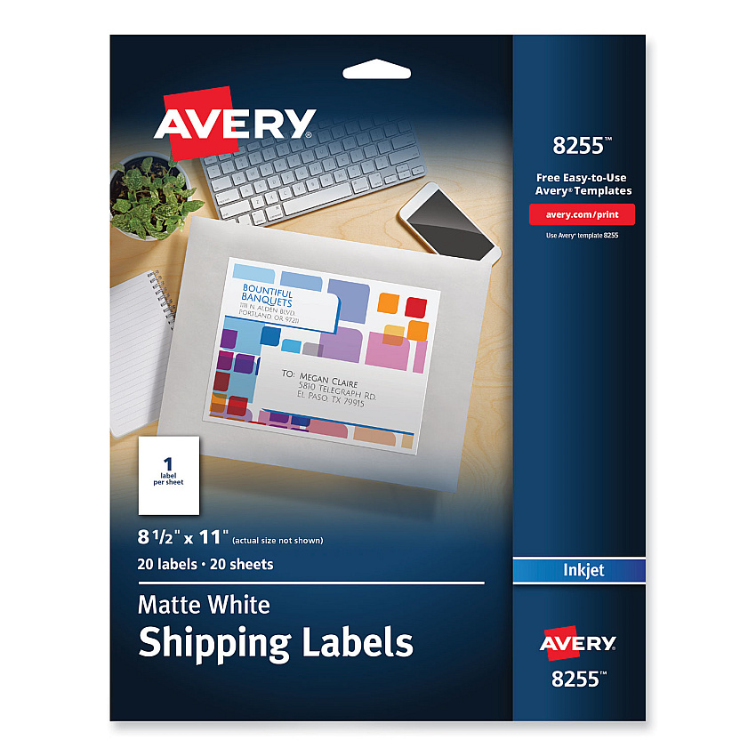 Avery Full-Sheet Vibrant Inkjet Color-Print Labels, 8.5 x 11, Matte White, 20/Pack (8255)