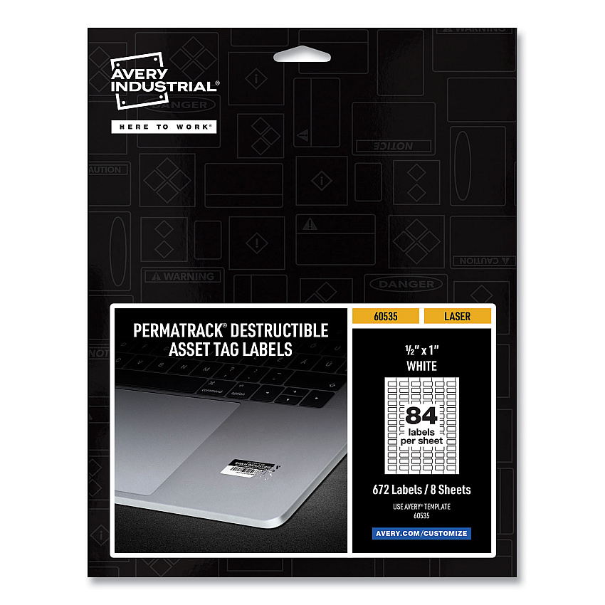 Avery PermaTrack Destructible Asset Tag Labels, Laser Printers, 0.5 x 1, White, 84/Sheet, 8 Sheets/Pack (60535)
