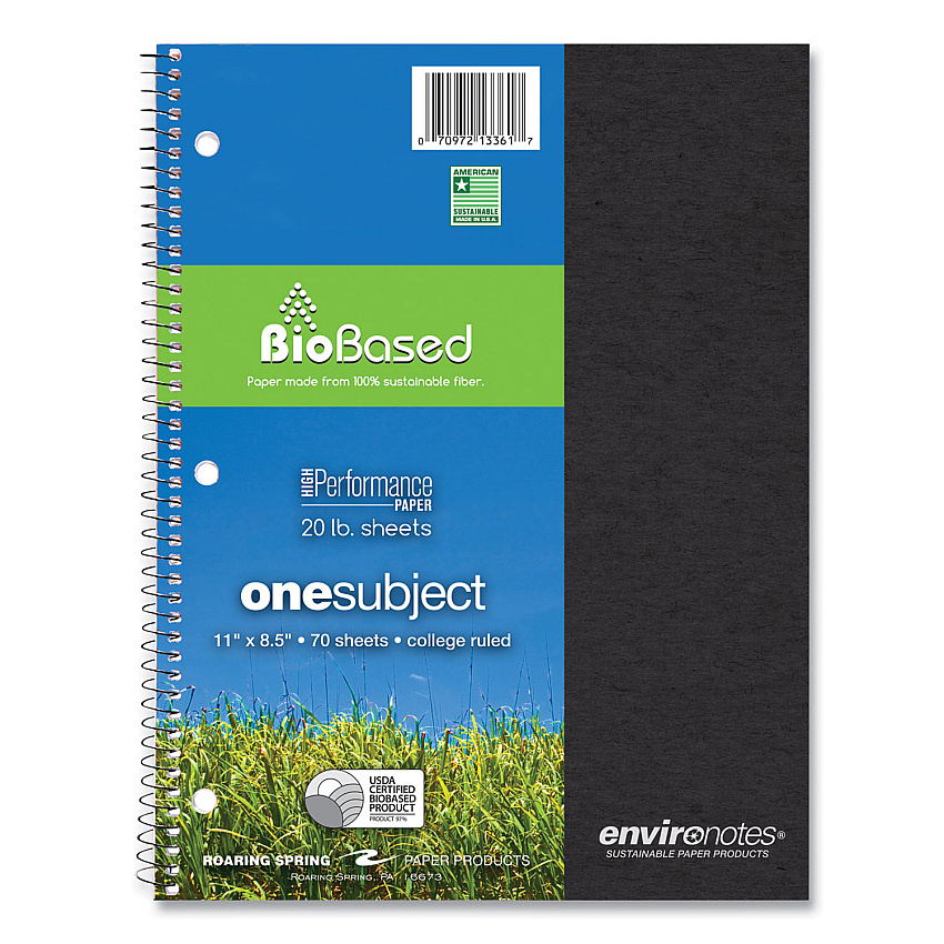 Roaring Spring Environotes BioBased Notebook, 1-Subject, Medium/College Rule, Randomly Assorted Earthtone Cover, (70) 11 x 8.5 Sheets (13361)