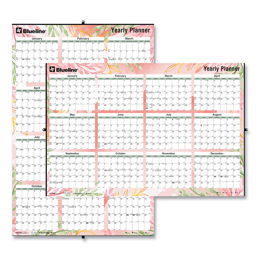 Blueline Yearly Laminated Wall Calendar, Passion Floral Artwork, 36 x 24, White/Multicolor Sheets, 12-Month (Jan to Dec): 2026 (C171920)