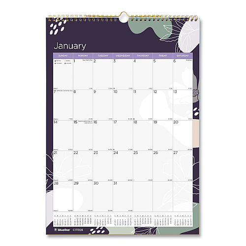 Blueline 12-Month Colorful Wall Calendar, Floral Artwork, 12 x 17, White Sheets, 12-Month (Jan to Dec): 2026 (C173128)